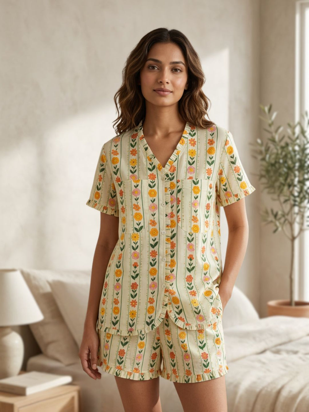 Soft cotton floral print shorts set for women – no bra nightsuit and lounge coord with striped pattern and breathable summer fabric