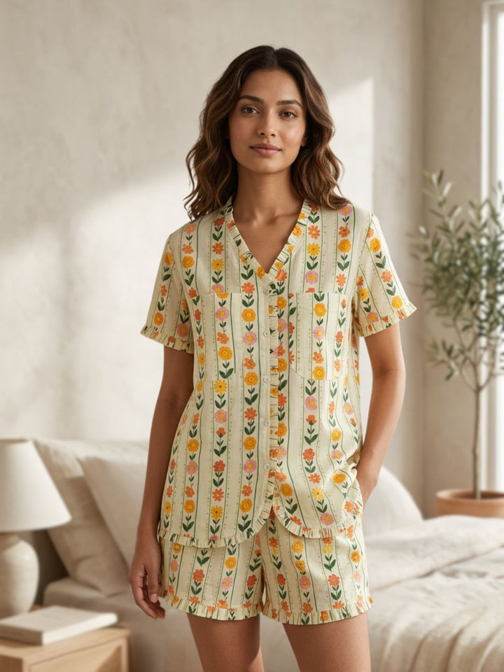 Soft cotton floral print shorts set for women – no bra nightsuit and lounge coord with striped pattern and breathable summer fabric