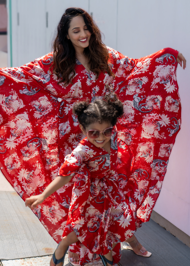 Funky Monkey Red long kaftan dress – bold summer cotton fashion