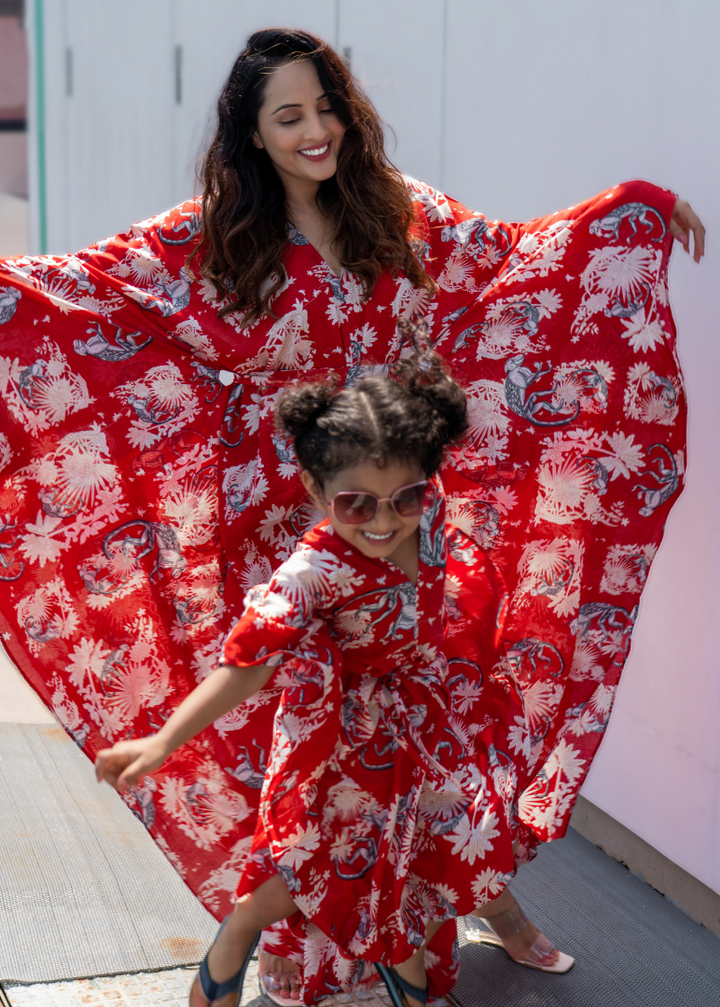 Funky Monkey Red long kaftan dress – bold summer cotton fashion