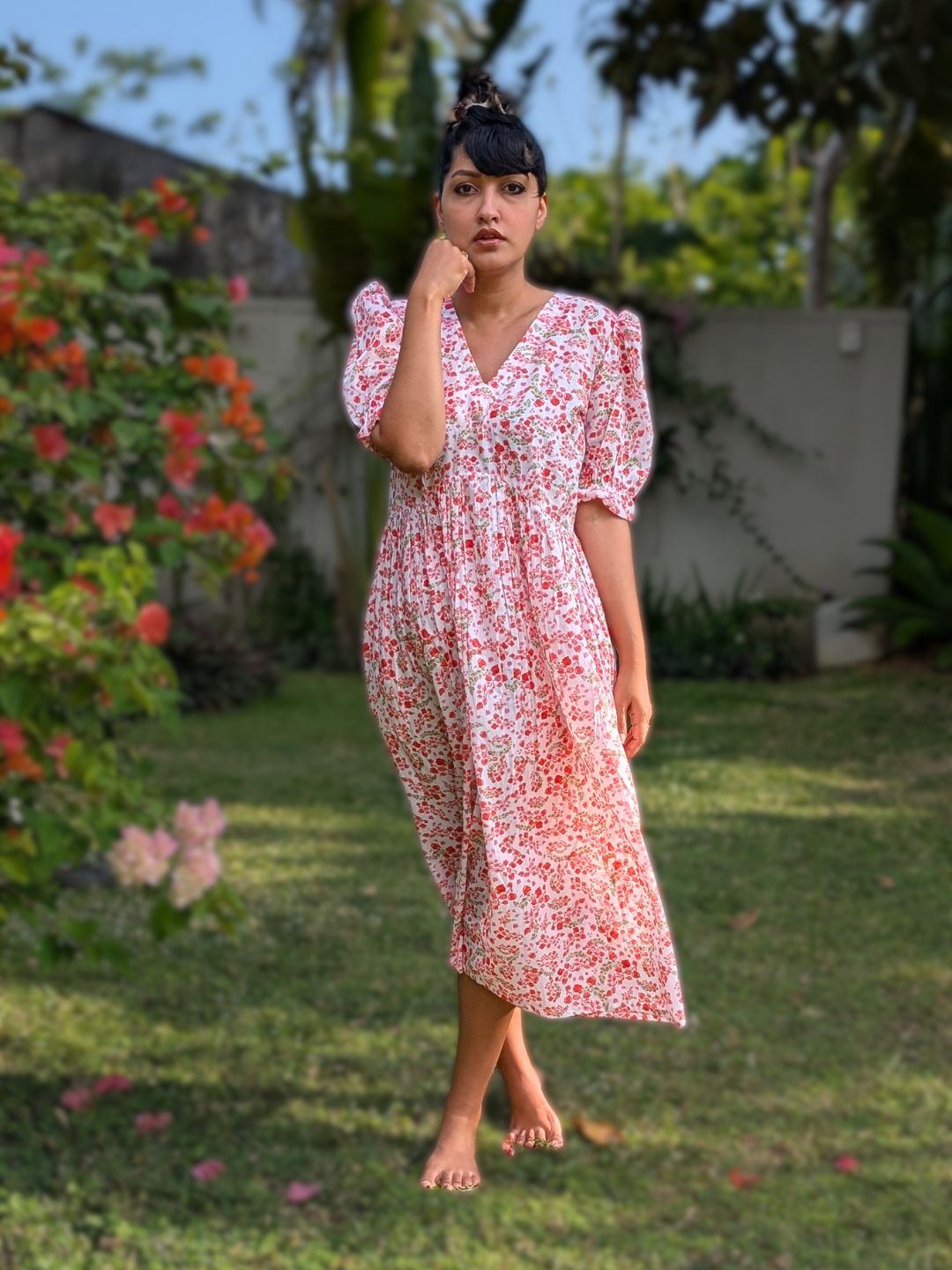Fun summer midi dress for women in breathable cotton with pink floral printed design