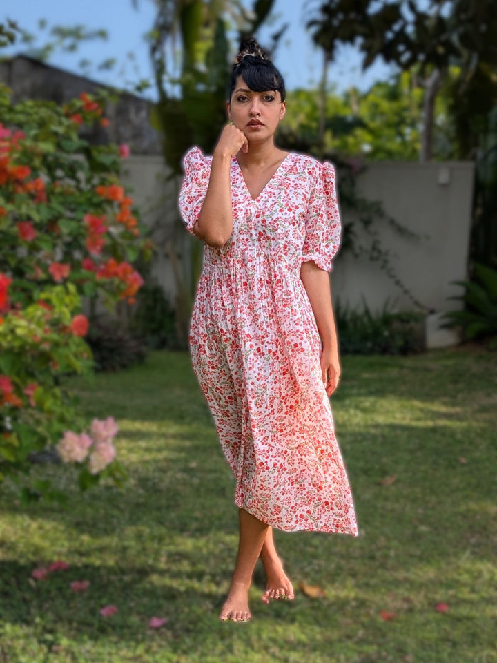 Fun summer midi dress for women in breathable cotton with pink floral printed design