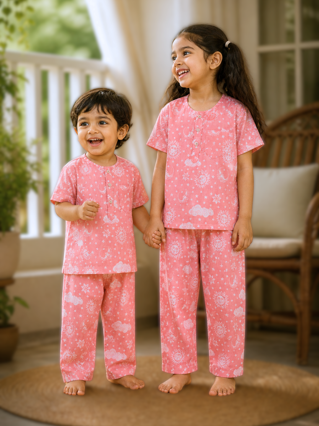 Unisex pink cotton malmal nightsuit for kids, lightweight breathable sleepwear