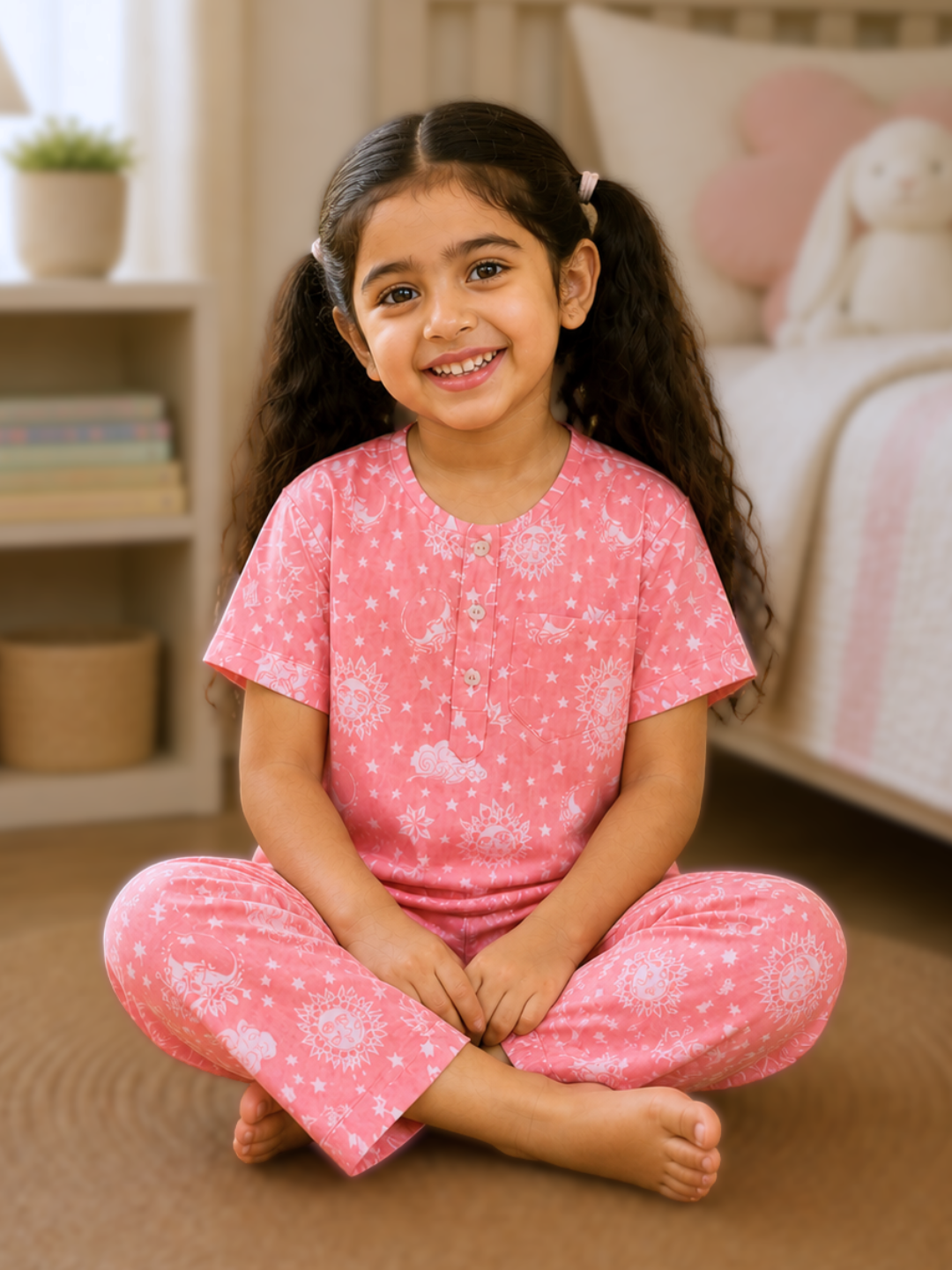 Pink cotton girls nightsuit pajama set in soft malmal fabric, comfortable nightwear for summer