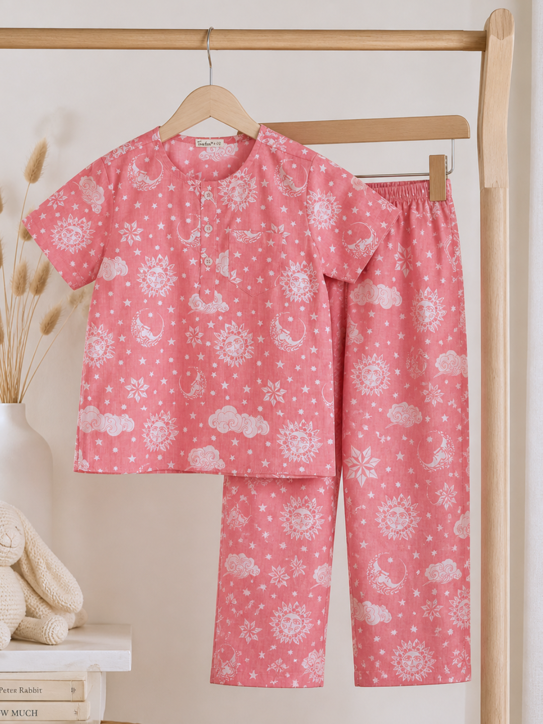 Breathable pink cotton malmal kids nightsuit with hand-drawn print, unisex sleepwear
