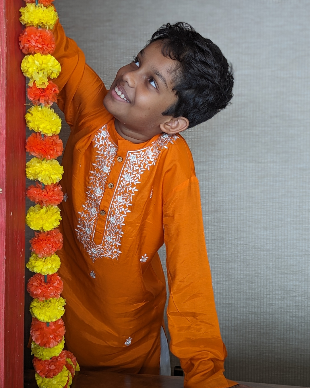 Embroidered Viscose Silk Kurta for Boys, Men | Orange