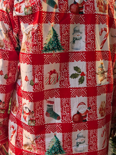 Red and white checked or chequed nightsuit printwith Christmas-themed patchwork design featuring trees, presents, mistletoe and Santa Claus.