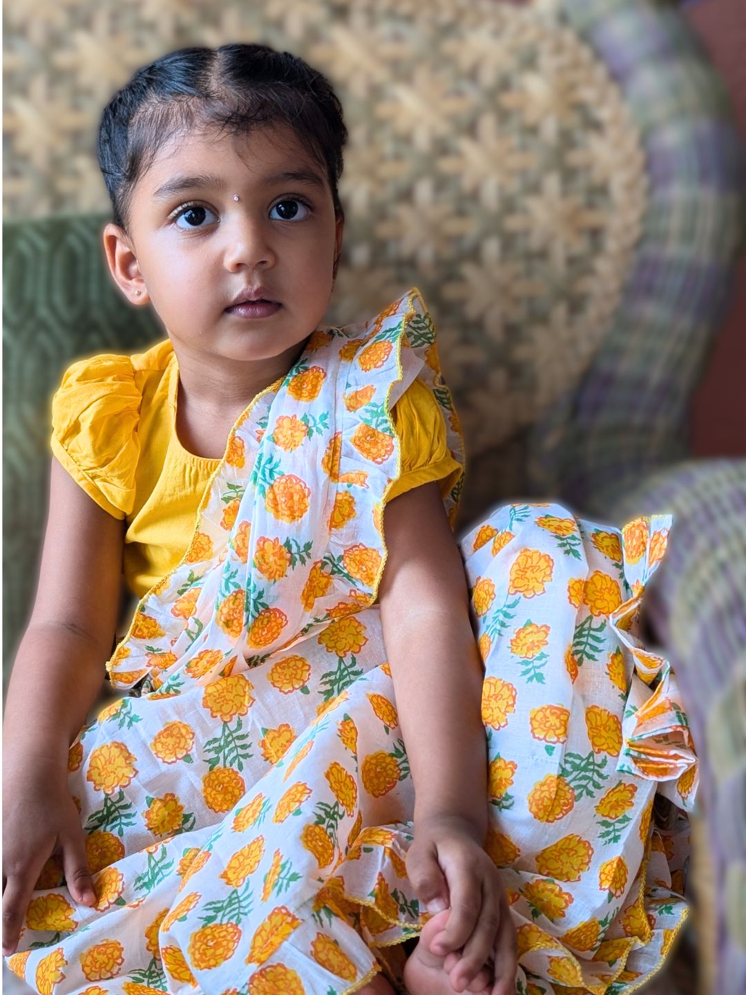 Prestitched Malmal Saree for Girls | Marigold