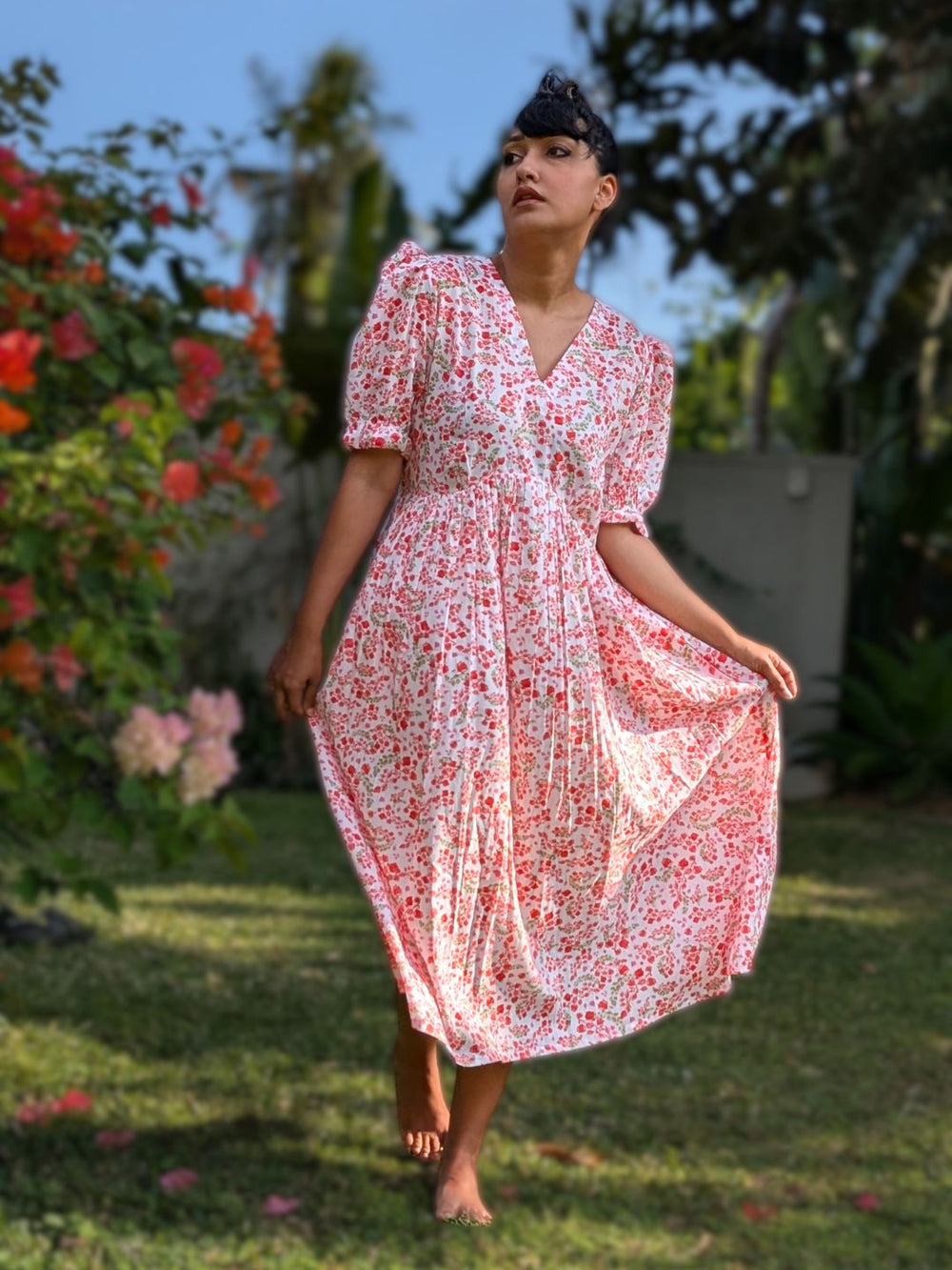 Pink bougainvillea print flowy cotton midi summer dress for women with puff sleeves and V-neckline