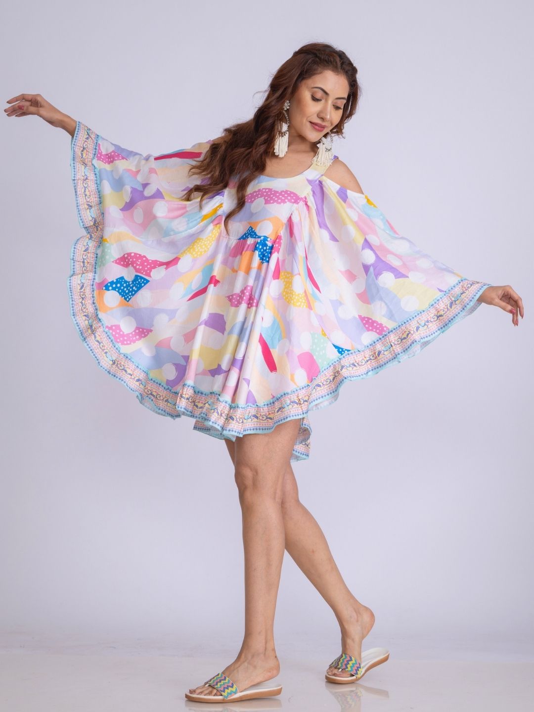 Women’s Cotton Cold-Shoulder Kaftan Dress – Pastel Polka Print | Flowy Summer Wear by Tura Turi