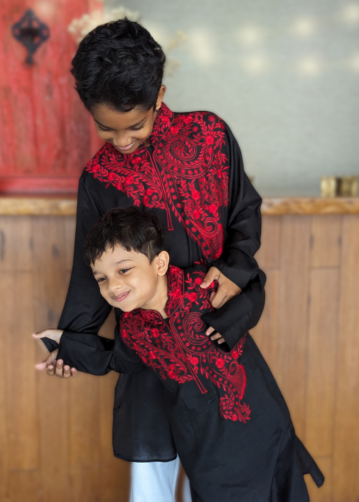 Embroidered Black Viscose Silk Kurta for Boys, Men