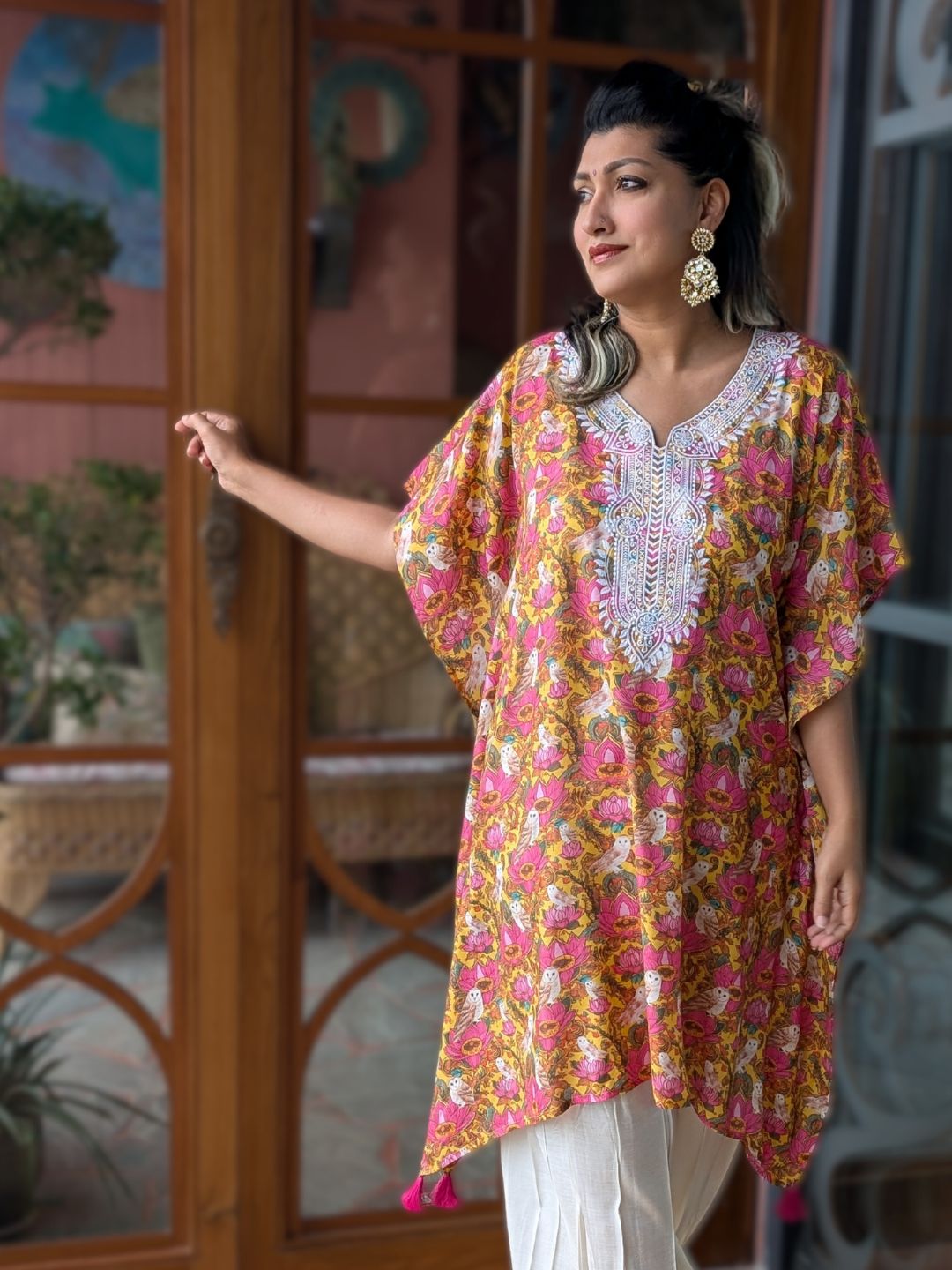 Embroidered Viscose Silk Kaftan with Afghan Pants | Kamala