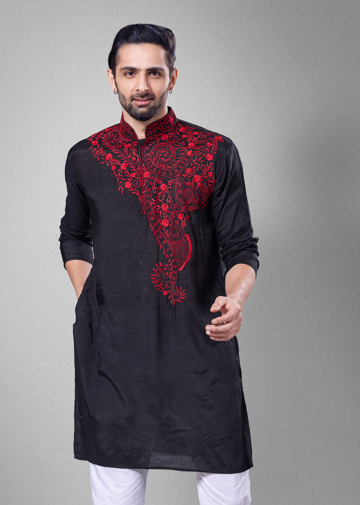 Embroidered Black Viscose Silk Men&