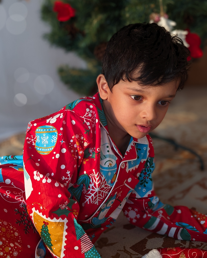 Cotton Night Suit for Kids | Jingle Bells - Red