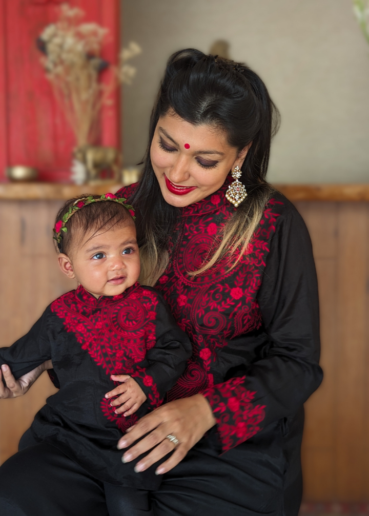 Black &amp; Red Embroidered Viscose Silk Kurta with Churidar, Girls &amp; Women