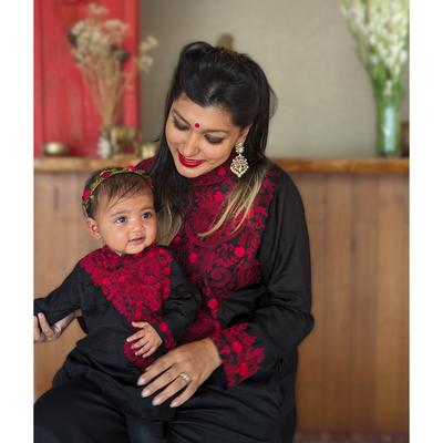 Black & Red Embroidered Viscose Silk Kurta with Churidar, Girls & Women
