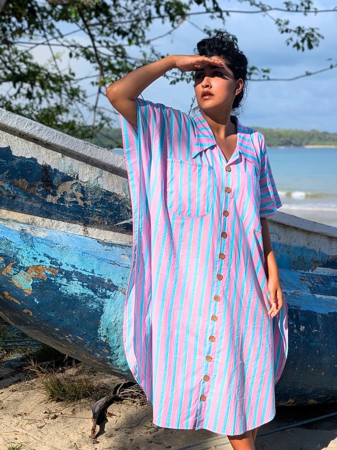 pink and blue pinstripes kaftan style nightshirt cotton