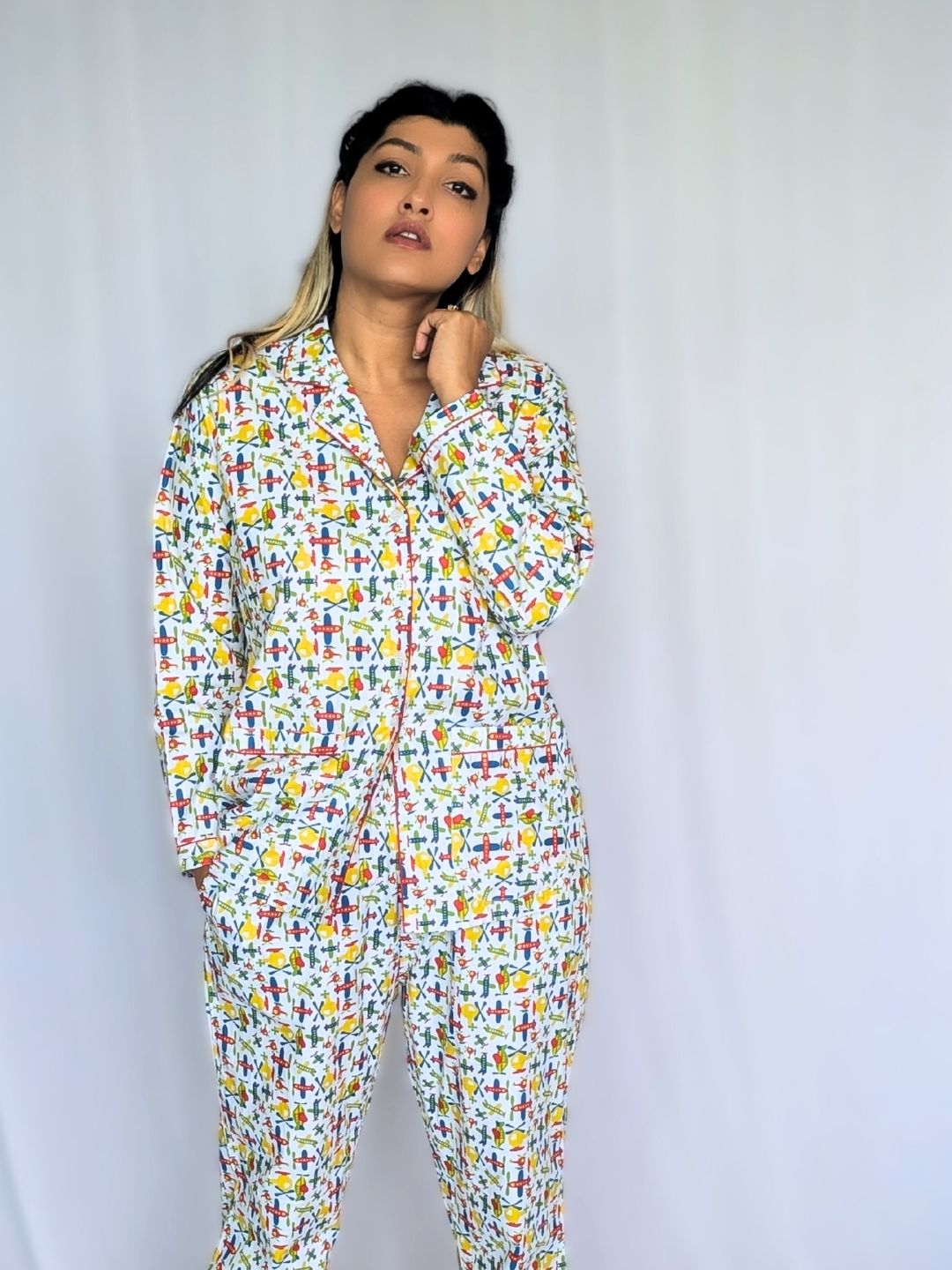 Planes print women’s cotton night suit – lightweight nightwear by Tura Turi