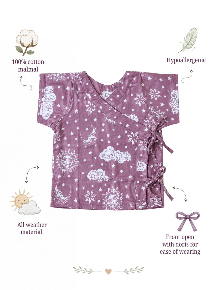 Nayantaara Mauve print cotton muslin baby jhabla, tie-up angrakha newborn top – Tura Turi