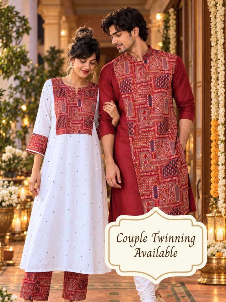 Woman in off-white Utsav cupro silk kurta with maroon embroidered yoke and cuffs, maroon buti and maroon embroidered pants – photo 5 – Tura Turi