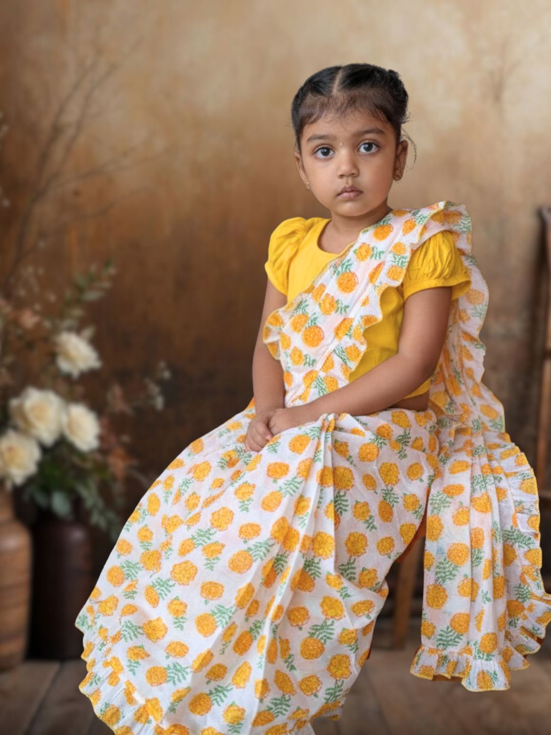 Prestitched Malmal Saree for Girls | Marigold