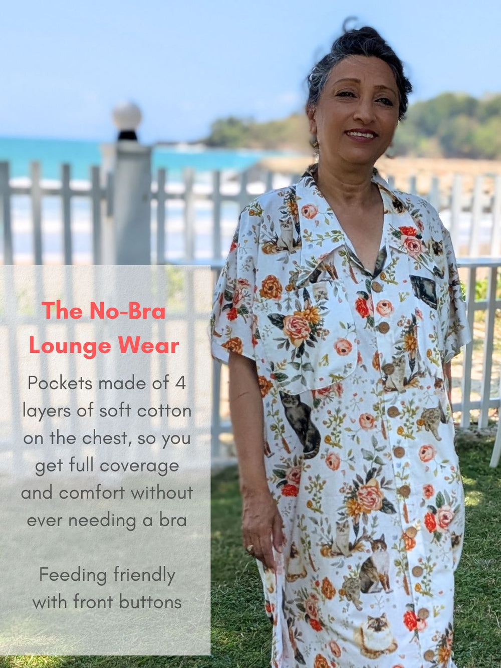 Woman wearing a floral no-bra lounge wear outfit with text overlay.
