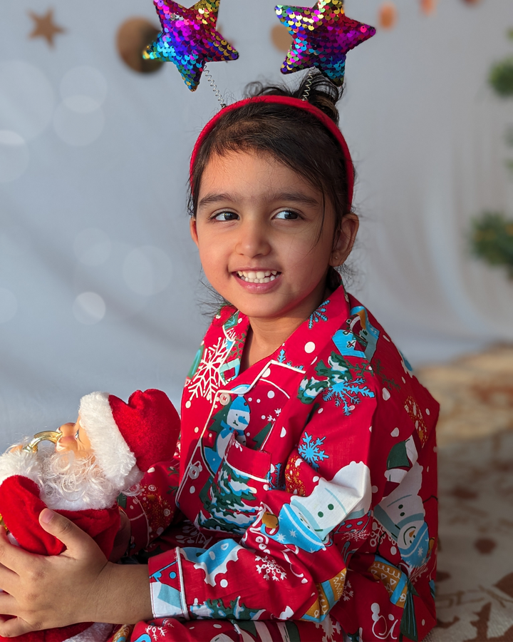 Cotton Night Suit for Kids | Jingle Bells - Red