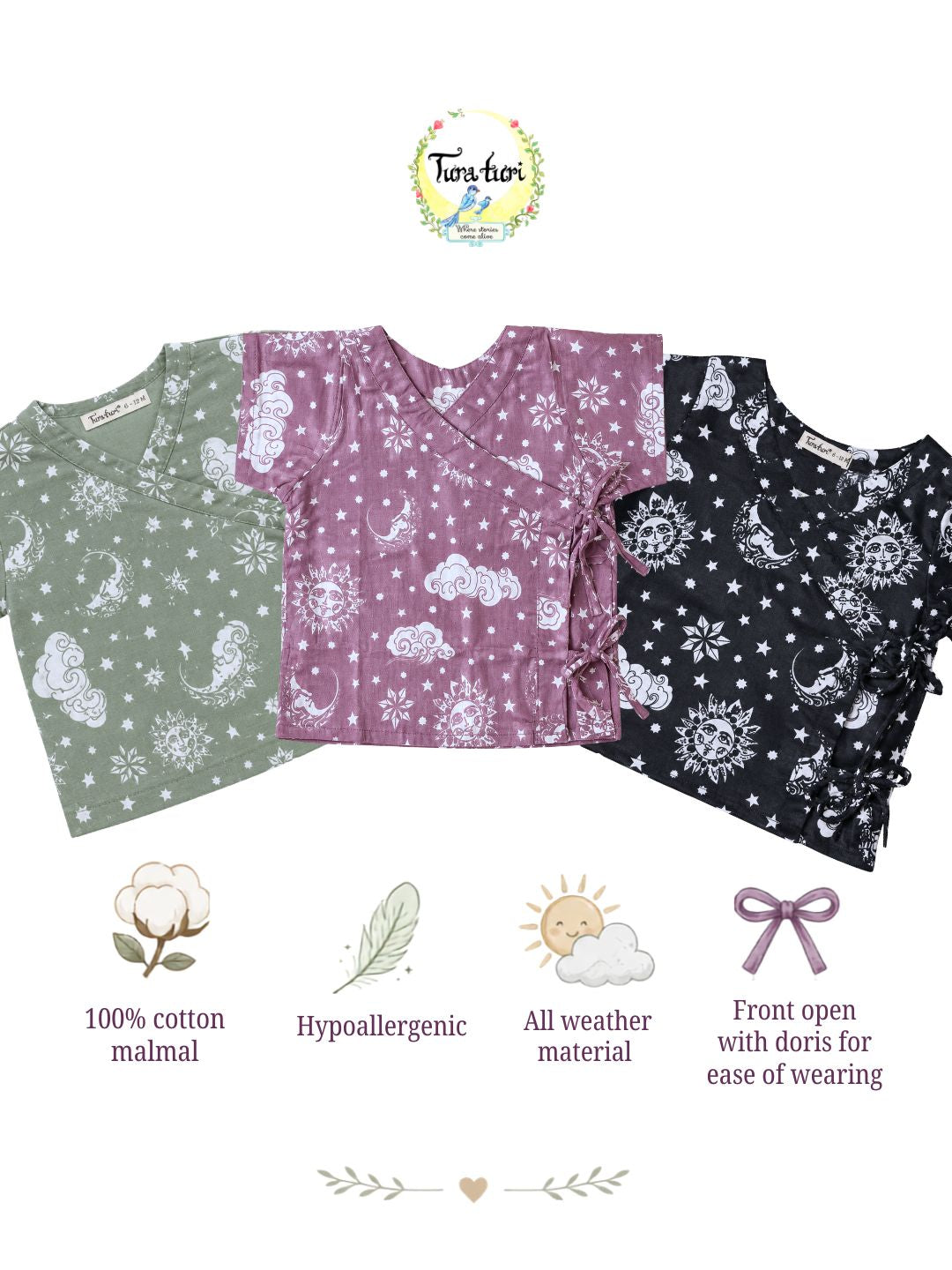 Set of 3 Nayantaara cotton muslin baby angrakha jhablas (Mauve, Sage, Black) for newborns – Tura Turi