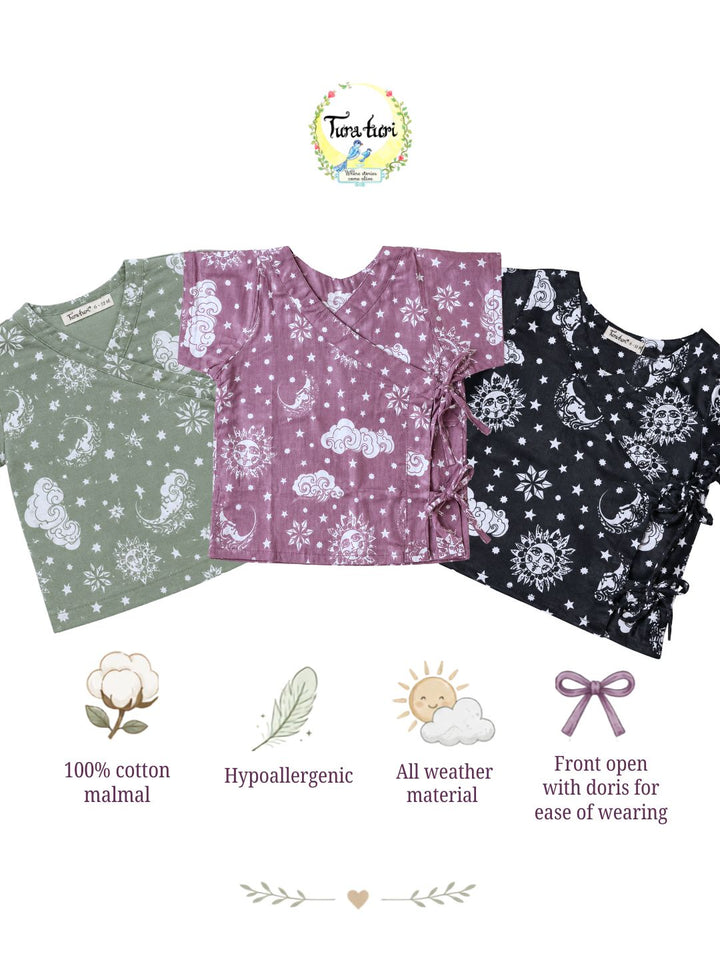 Set of 3 Nayantaara cotton muslin baby angrakha jhablas (Mauve, Sage, Black) for newborns – Tura Turi