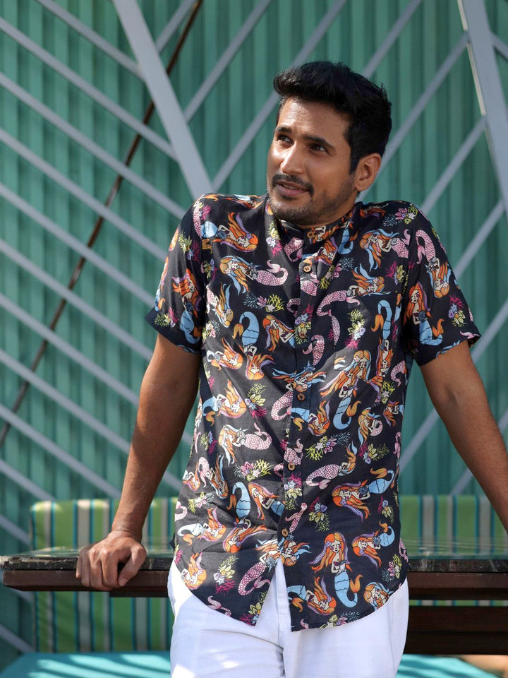 Mermaid Black men’s cotton shirt – ocean print summer shirt