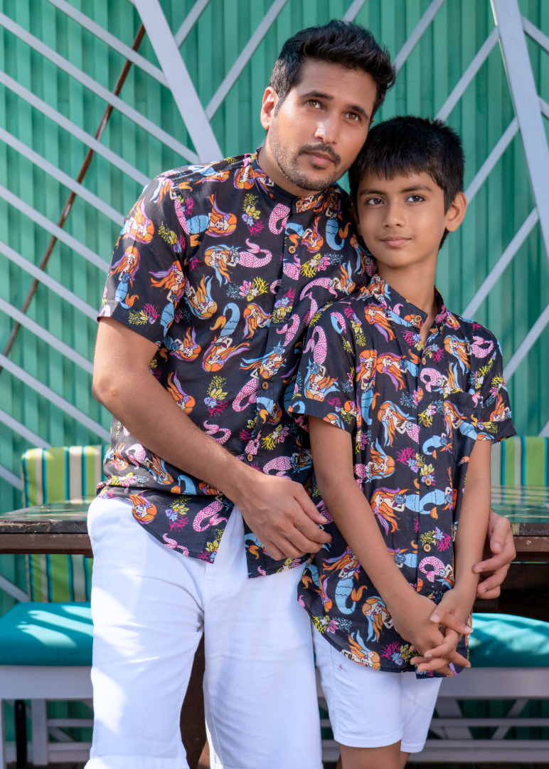 Mermaid Black men’s cotton shirt – ocean print summer shirt