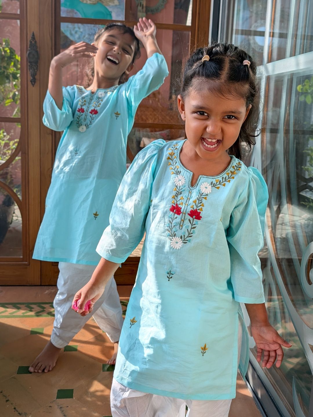 Cotton Mulmul Embroidered Kurta for Girls | Bella, Blue
