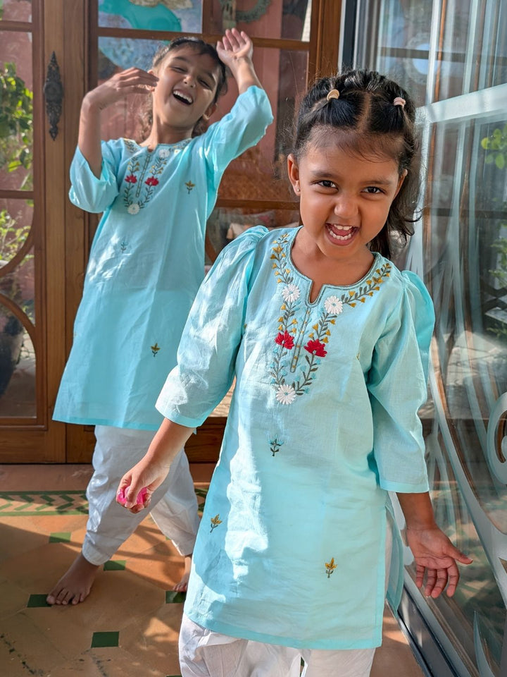 Cotton Mulmul Embroidered Kurta for Girls | Bella, Blue
