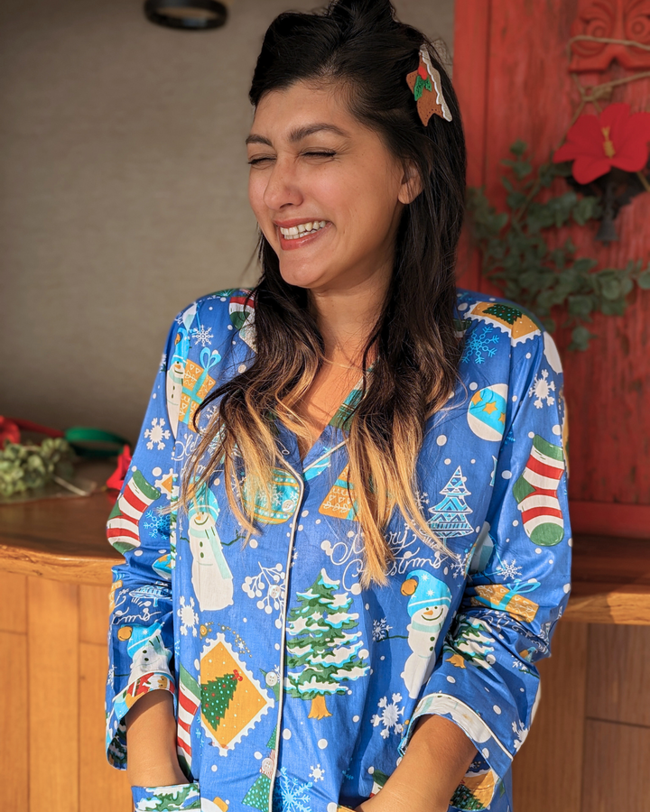 Cotton Night Suit, Women | Jingle Bells - Blue