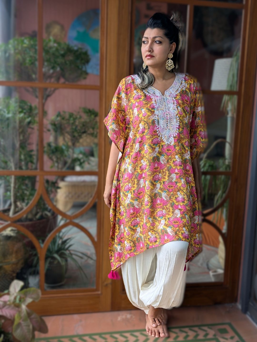 Embroidered Viscose Silk Kaftan with Afghan Pants | Kamala