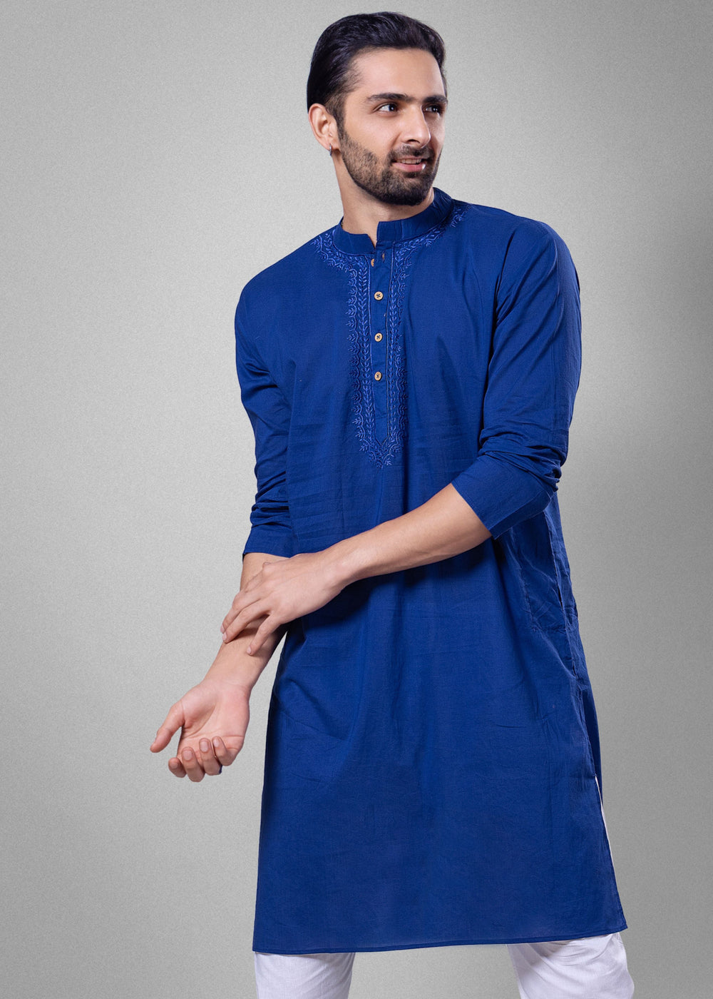 cotton embroidery mens kurta navy blue
