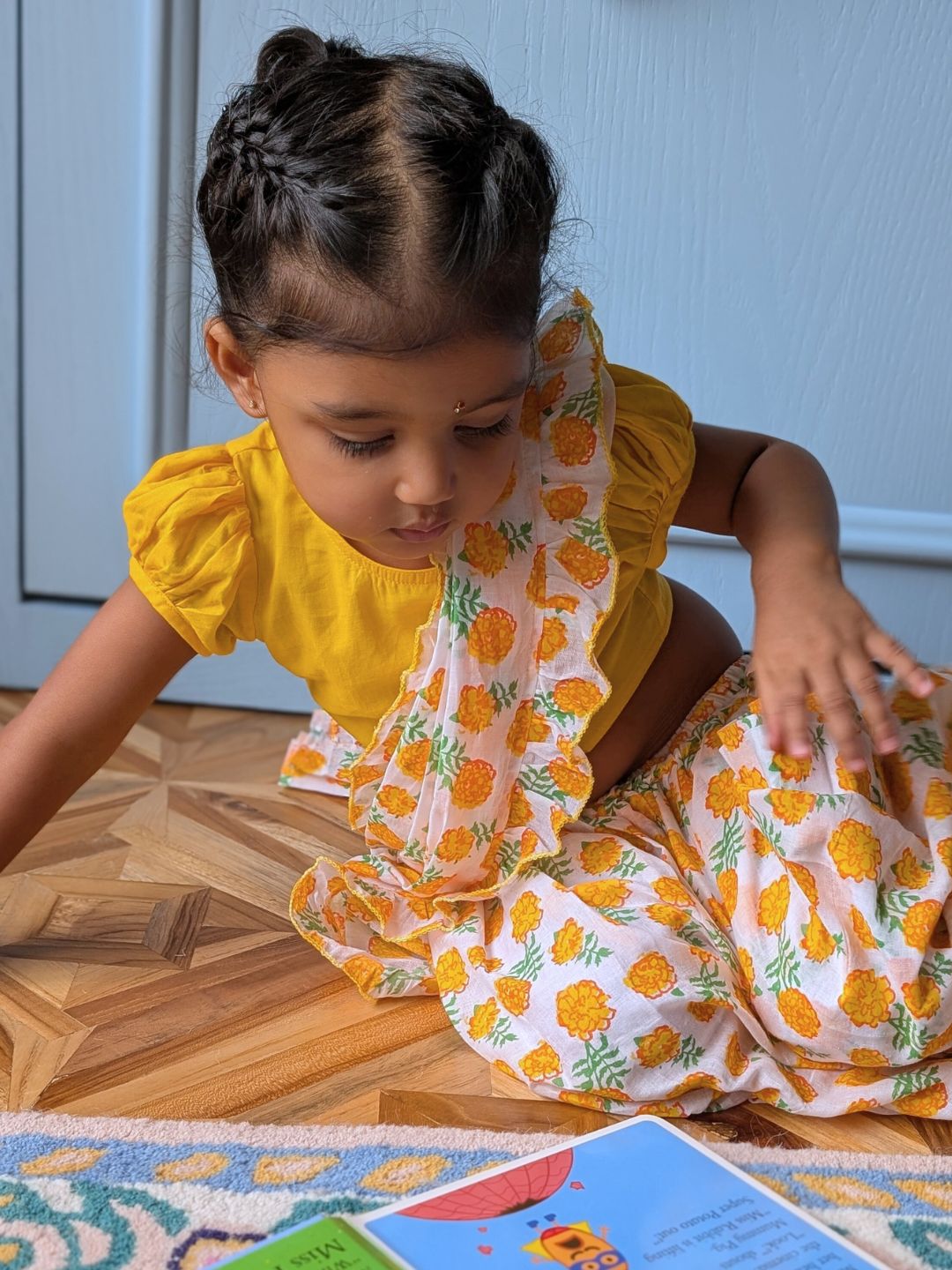 Prestitched Malmal Saree for Girls | Marigold