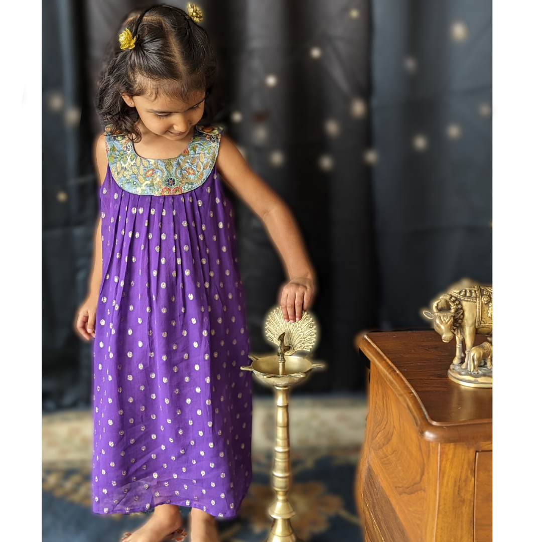 Purple Georgette Maxi Dress with Banarasi Patch | Girls & Women