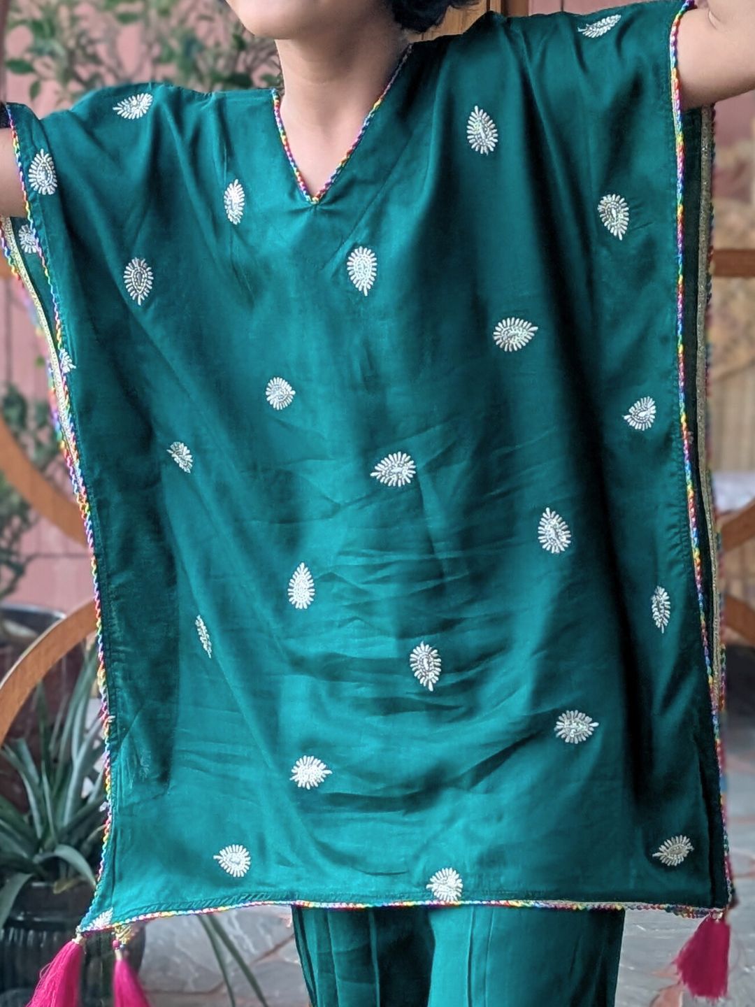 Embroidered Viscose Silk Kaftan Set, Emerald Green