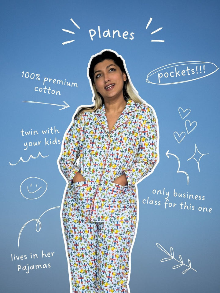 Planes print women’s cotton night suit – lightweight nightwear by Tura Turi