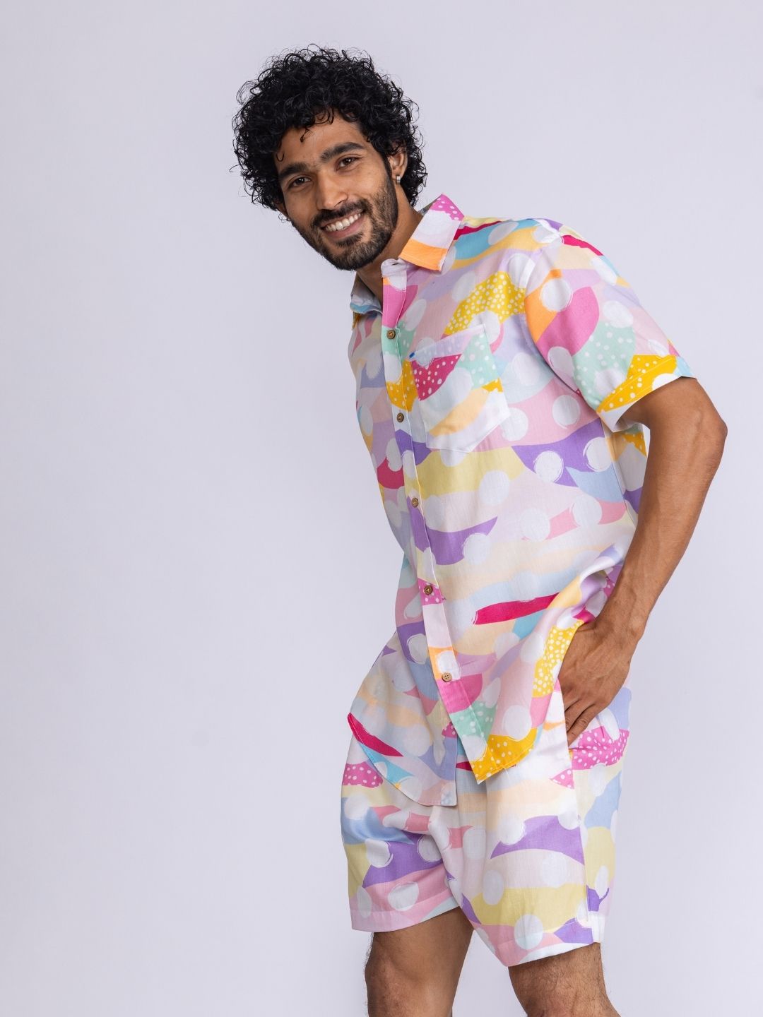 Men’s Cotton Shirt &amp; Shorts Set | Pastel Polka