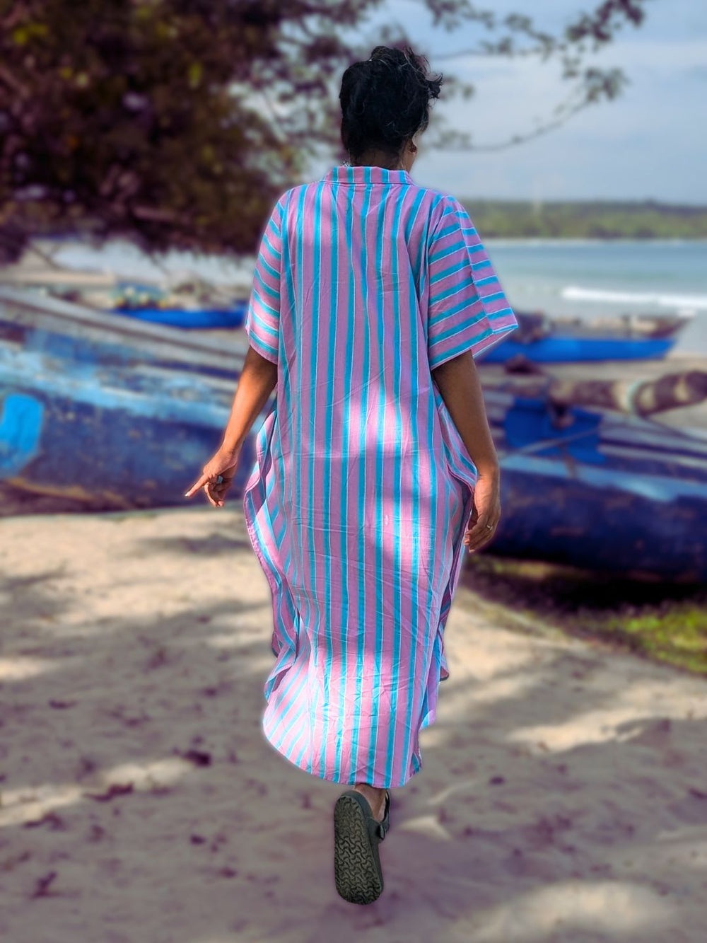 Comfortable cotton pinstriped nightshirt for women designed with discreet no-bra pockets