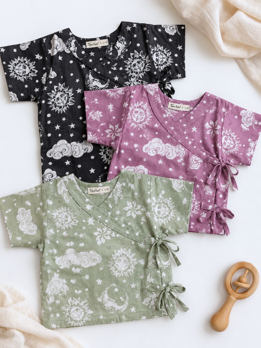 Nayantaara cotton muslin baby angrakha jhabla pack of 3 in Mauve, Sage and Black – newborn gift set by Tura Turi