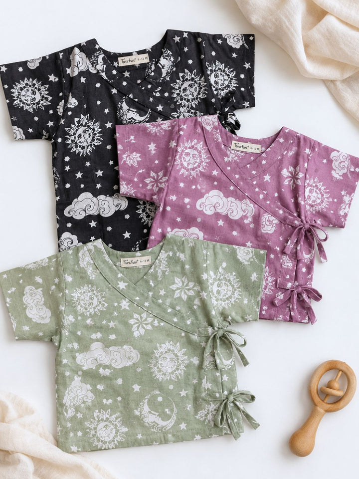 Nayantaara cotton muslin baby angrakha jhabla pack of 3 in Mauve, Sage and Black – newborn gift set by Tura Turi