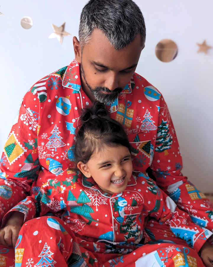 Cotton Night Suit, Men | Jingle Bells - Red