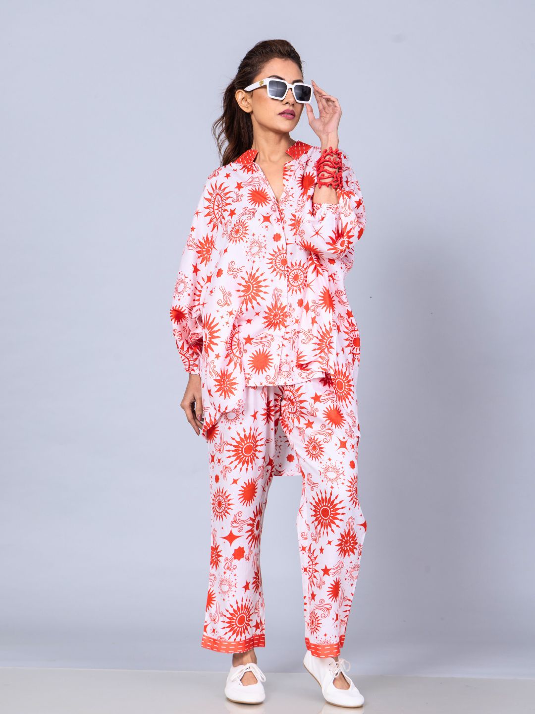Women’s Cotton Top & Pants Co-ord Set – Celestial Sun Print | Elegant Summer Set by Tura Turi