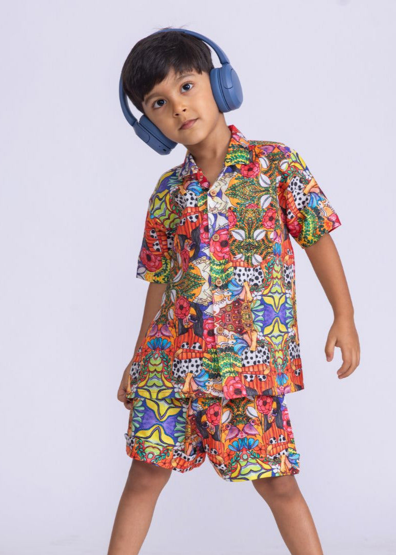 Boys' Cotton Shirt & Shorts Set – Ruby Print | Vibrant Summer Outfit by Tura Turi