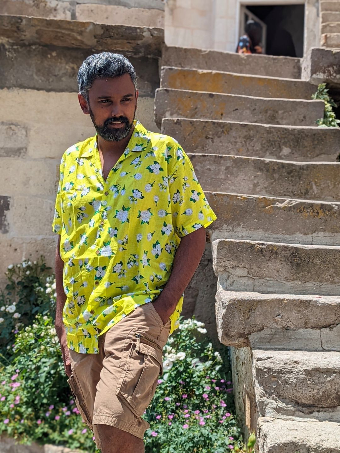Neon Jasmine men’s cotton shirt – bold floral summer shirt