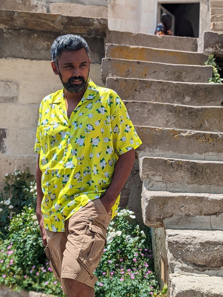 Neon Jasmine men’s cotton shirt – bold floral summer shirt