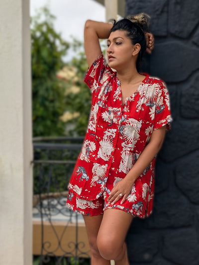 Women's 'No Bra' Night Suit Shorts Set | Funky Monkey Red